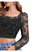 Elegant Floral Mesh Sleeve Crop Top