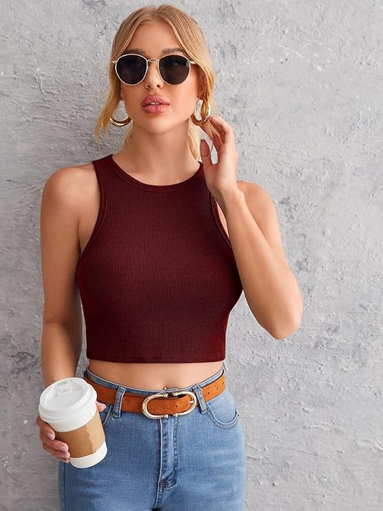Ribbed Round-Neck Sleeveless Crop Top