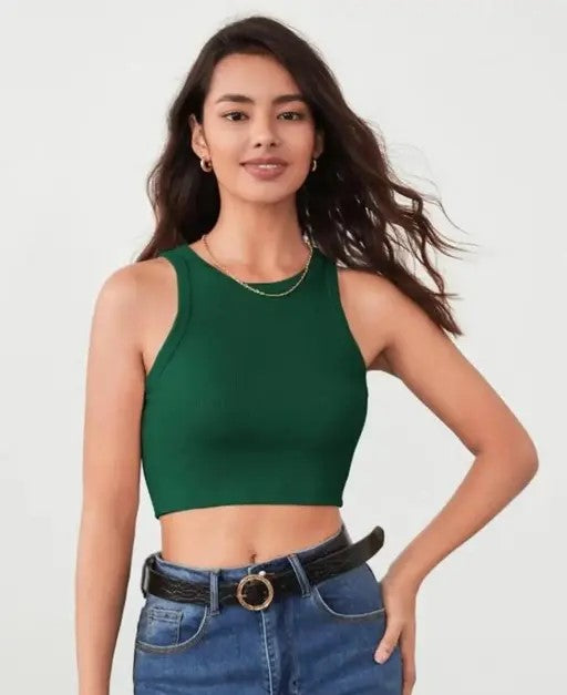 Ribbed Round-Neck Sleeveless Crop Top