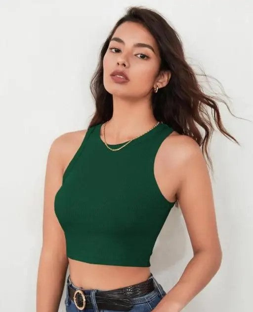 Ribbed Round-Neck Sleeveless Crop Top