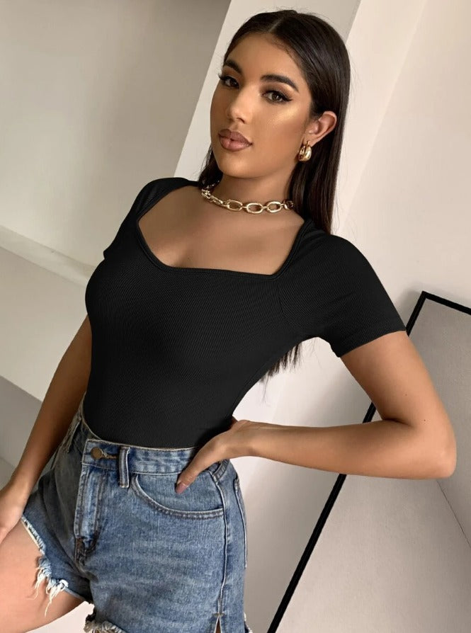 Classic Ribbed Square Neck Fitted Crop Top