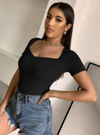 Classic Ribbed Square Neck Fitted Crop Top