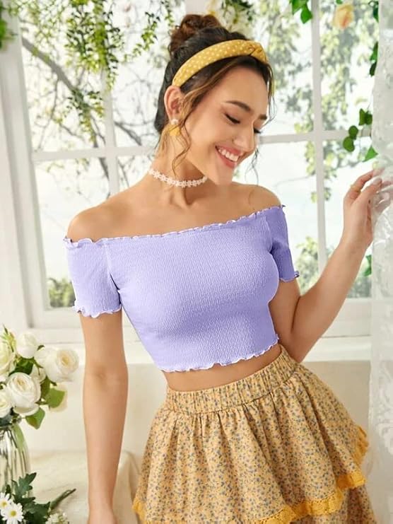 Off-Shoulder Smocked Crop Top for Women