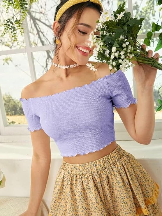 Off-Shoulder Smocked Crop Top for Women