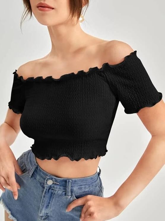 Off-Shoulder Smocked Crop Top for Women