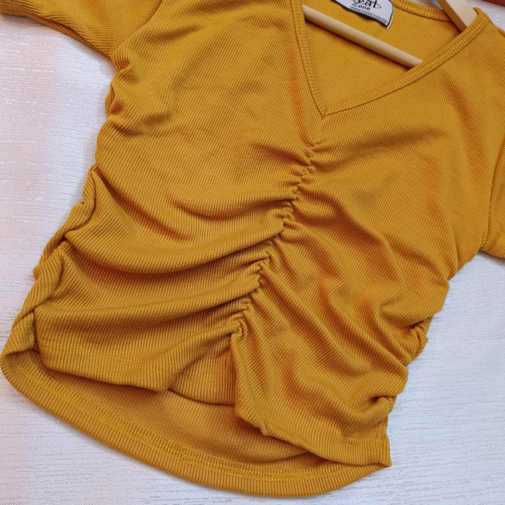 Ribbed V-Neck Ruched Crop Top Cotton Comfort Edition