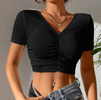 Ribbed V-Neck Ruched Crop Top Cotton Comfort Edition
