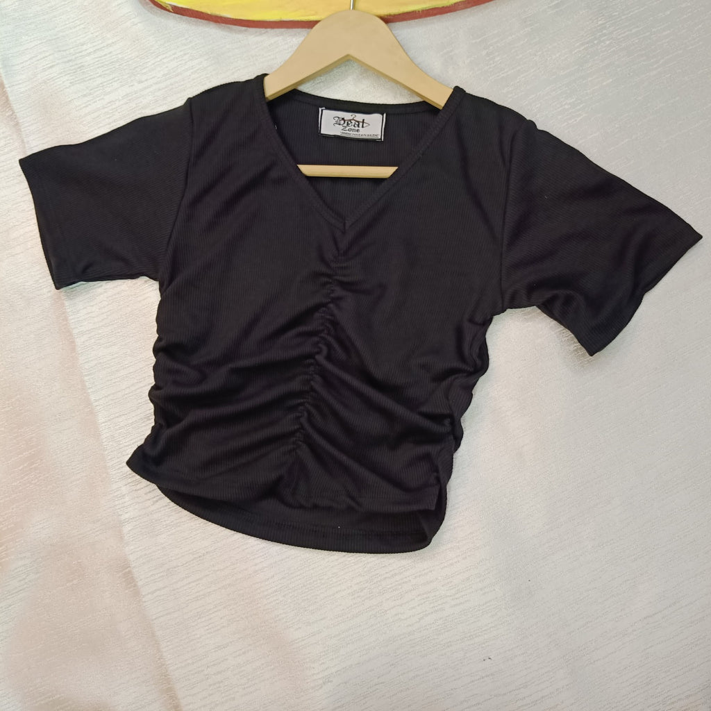 Ribbed V-Neck Ruched Crop Top Cotton Comfort Edition