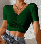Ribbed V-Neck Ruched Crop Top Cotton Comfort Edition