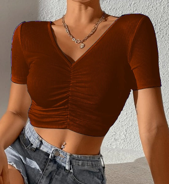 Ribbed V-Neck Ruched Crop Top Cotton Comfort Edition