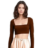 Elegant Square-Neck Long Sleeve Ribbed Crop Top