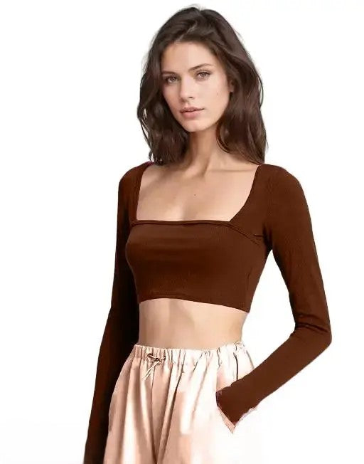 Elegant Square-Neck Long Sleeve Ribbed Crop Top