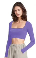Elegant Square-Neck Long Sleeve Ribbed Crop Top