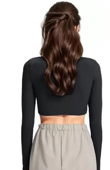Elegant Square-Neck Long Sleeve Ribbed Crop Top