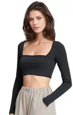 Elegant Square-Neck Long Sleeve Ribbed Crop Top