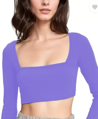 Elegant Square-Neck Long Sleeve Ribbed Crop Top
