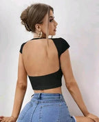 Women’s Trendy Ribbed Open Back Crop Top – Ultimate Confidence Edition