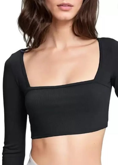 Elegant Square-Neck Long Sleeve Ribbed Crop Top