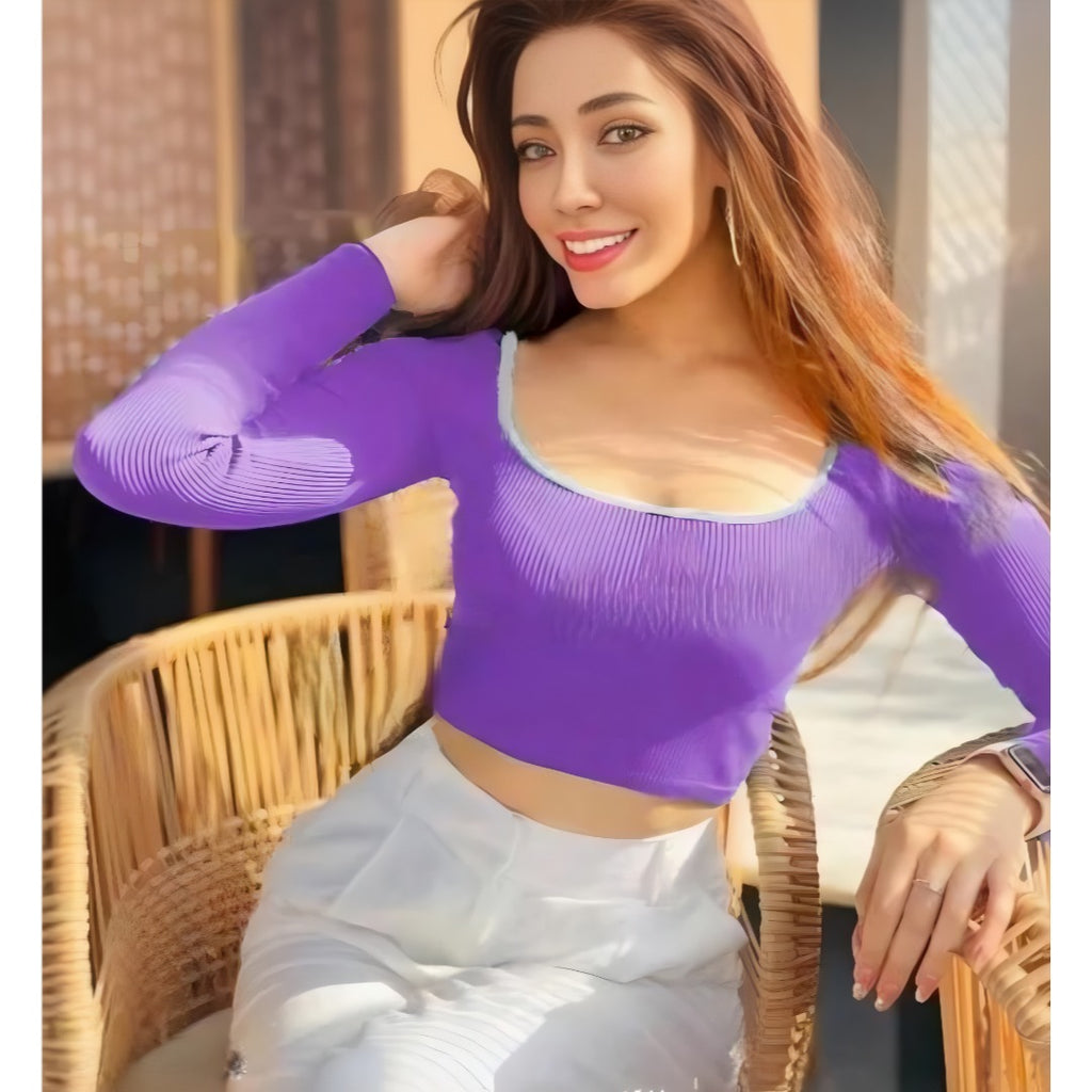 Elegant Square Neck Full Sleeve Ribbed Crop Top