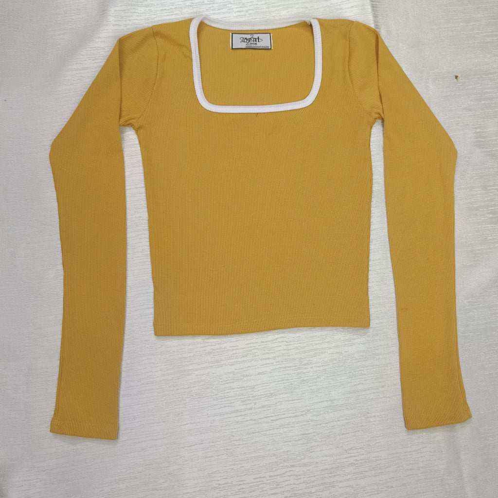 Elegant Square Neck Full Sleeve Ribbed Crop Top