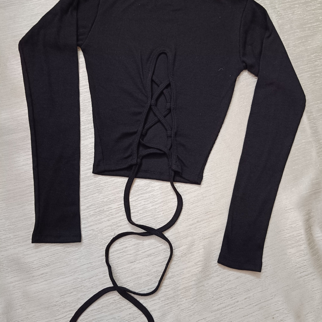 High Neck Lace-Up Ribbed Crop Top