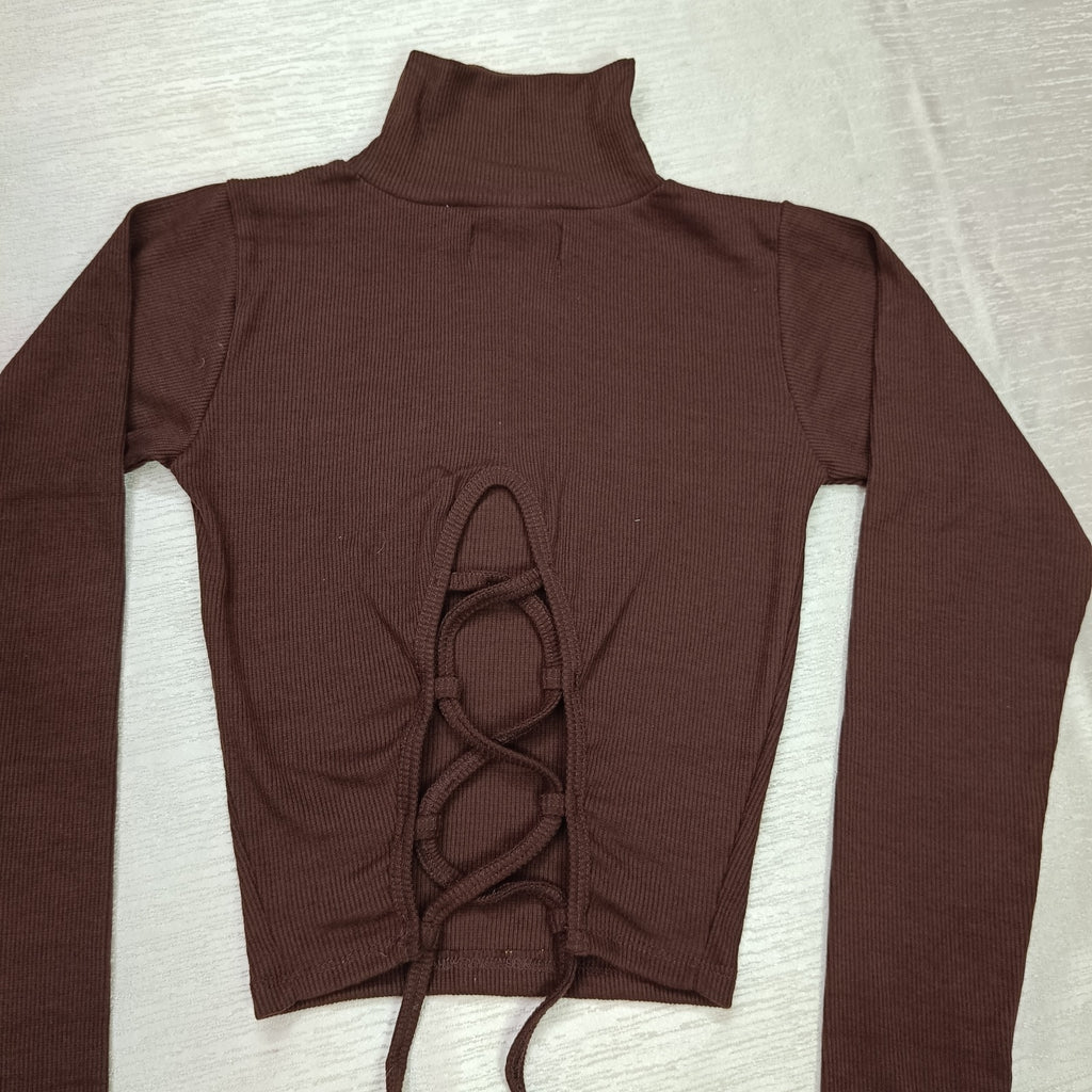 High Neck Lace-Up Ribbed Crop Top