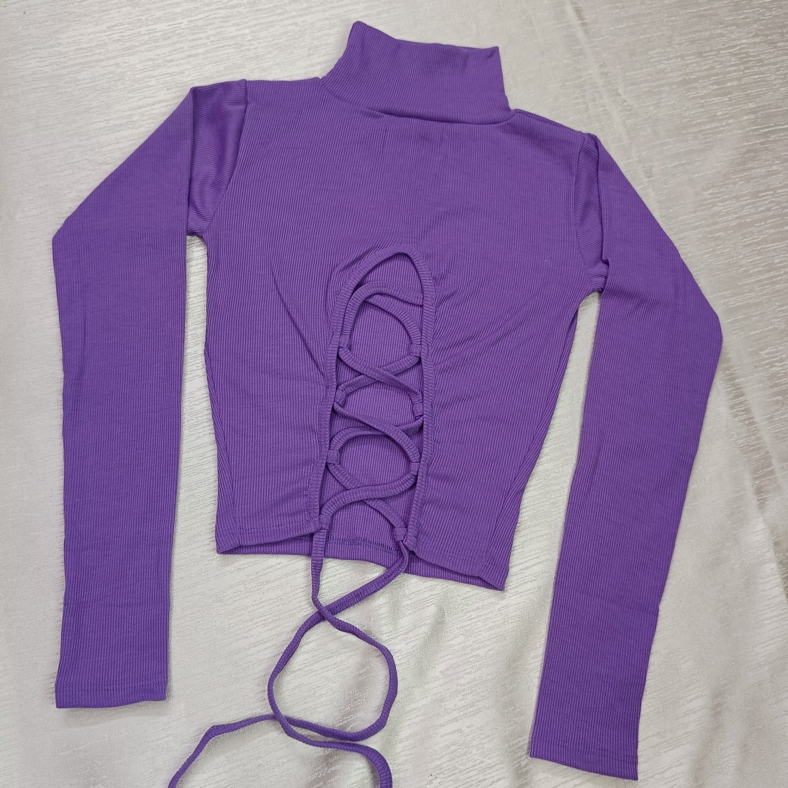 High Neck Lace-Up Ribbed Crop Top