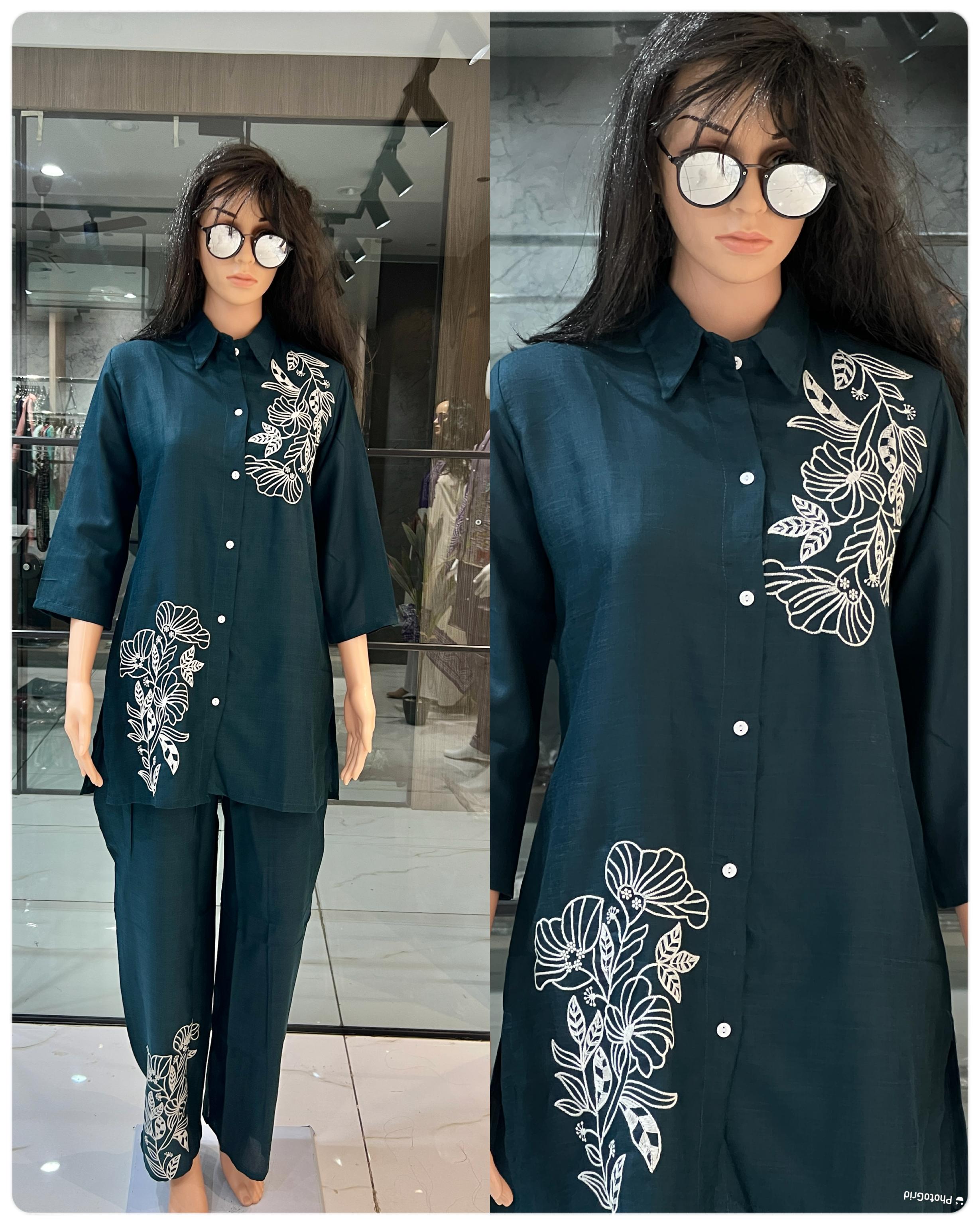 Elegant Floral Embroidered Cotton Slub Co-ord Set for Women | Stylish Daily & Office Wear
