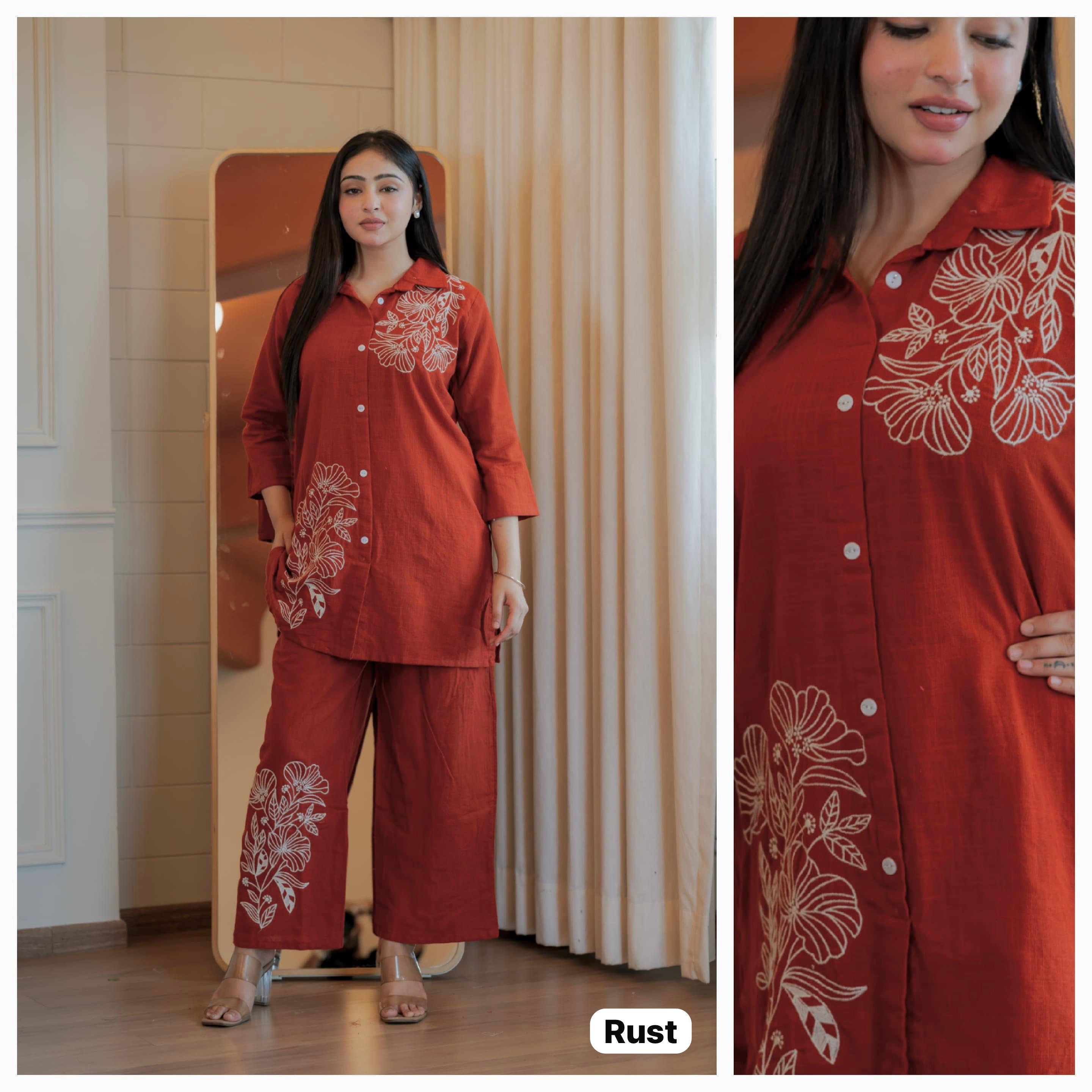Elegant Floral Embroidered Cotton Slub Co-ord Set for Women | Stylish Daily & Office Wear