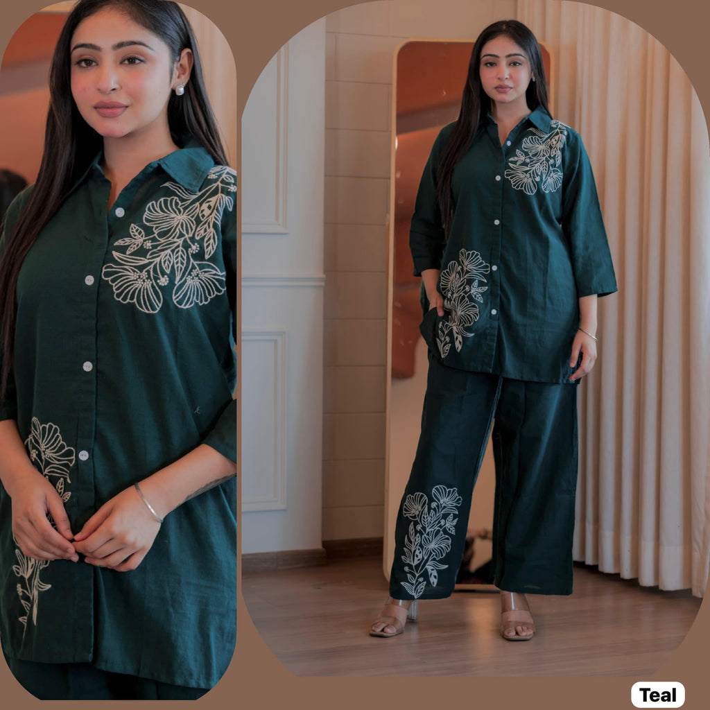 Elegant Floral Embroidered Cotton Slub Co-ord Set for Women | Stylish Daily & Office Wear