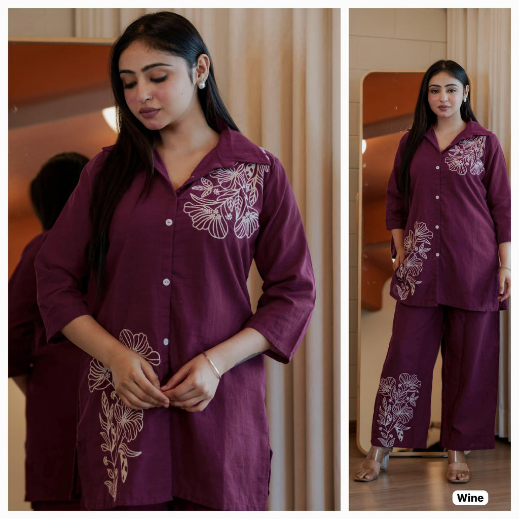 Elegant Floral Embroidered Cotton Slub Co-ord Set for Women | Stylish Daily & Office Wear
