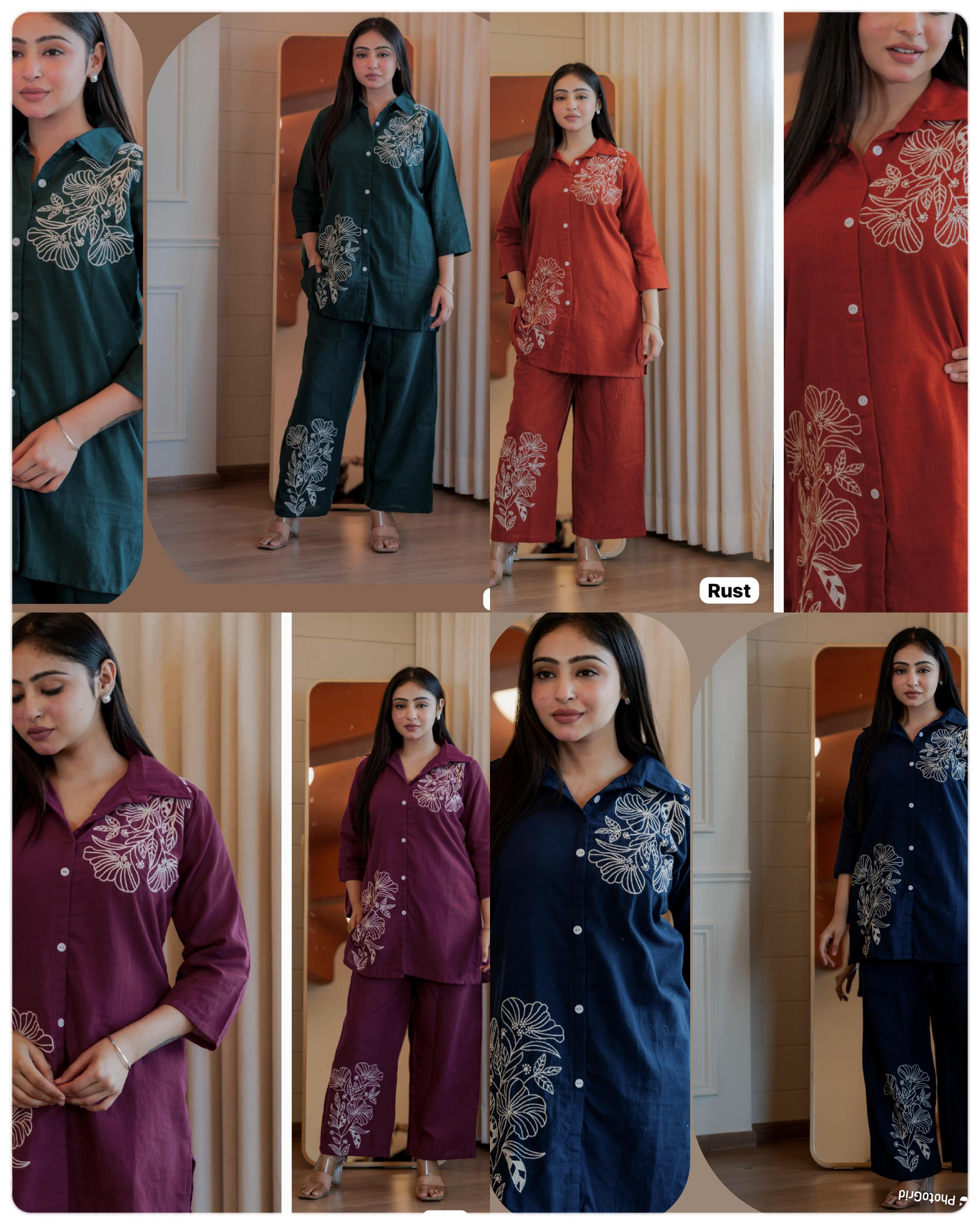 Elegant Floral Embroidered Cotton Slub Co-ord Set for Women | Stylish Daily & Office Wear