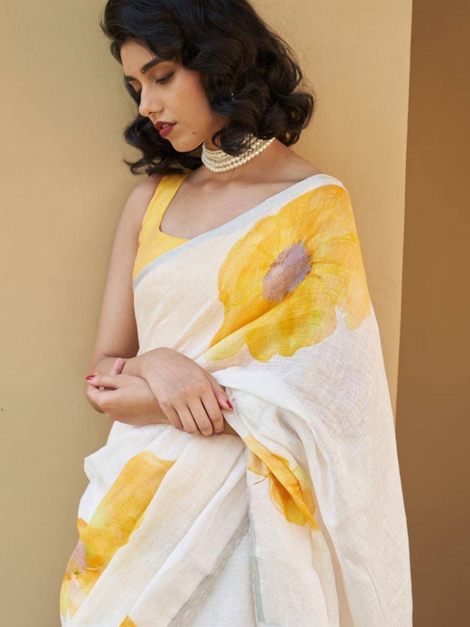 Pure Linen Digital Print Saree with Banglory Satin Blouse & Elegant Latkan Detailing
