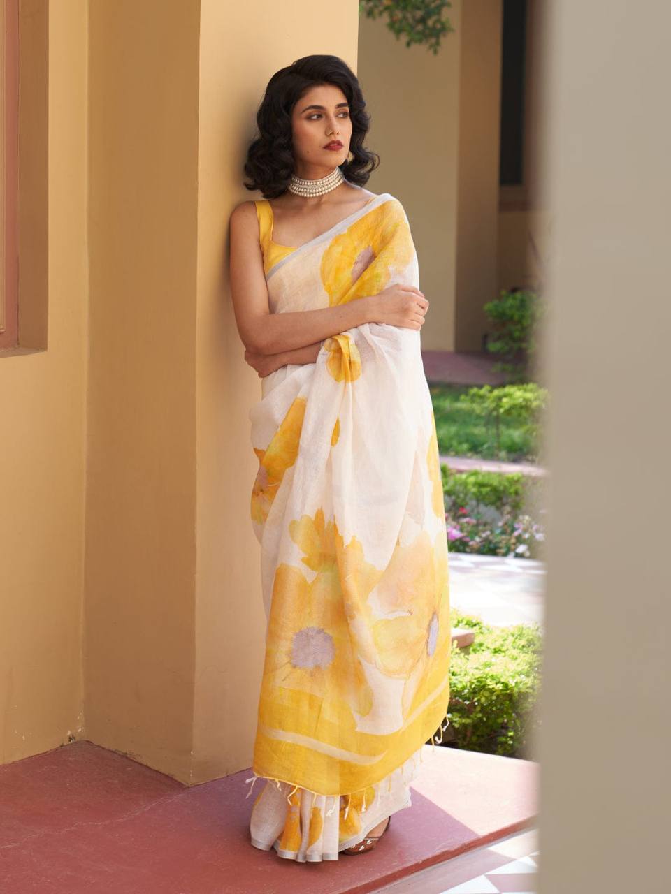 Pure Linen Digital Print Saree with Banglory Satin Blouse & Elegant Latkan Detailing
