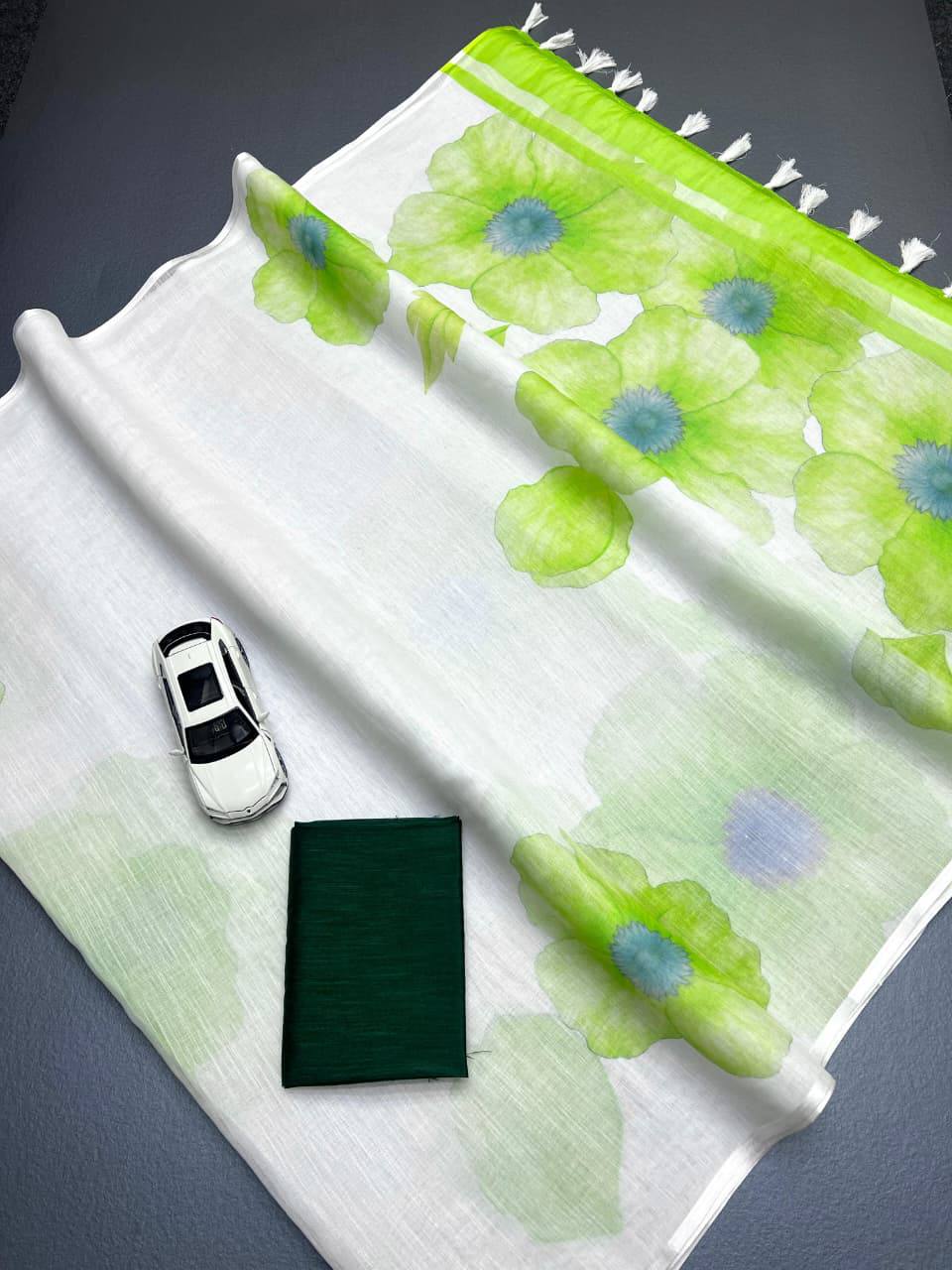 Pure Linen Digital Print Saree with Banglory Satin Blouse & Elegant Latkan Detailing