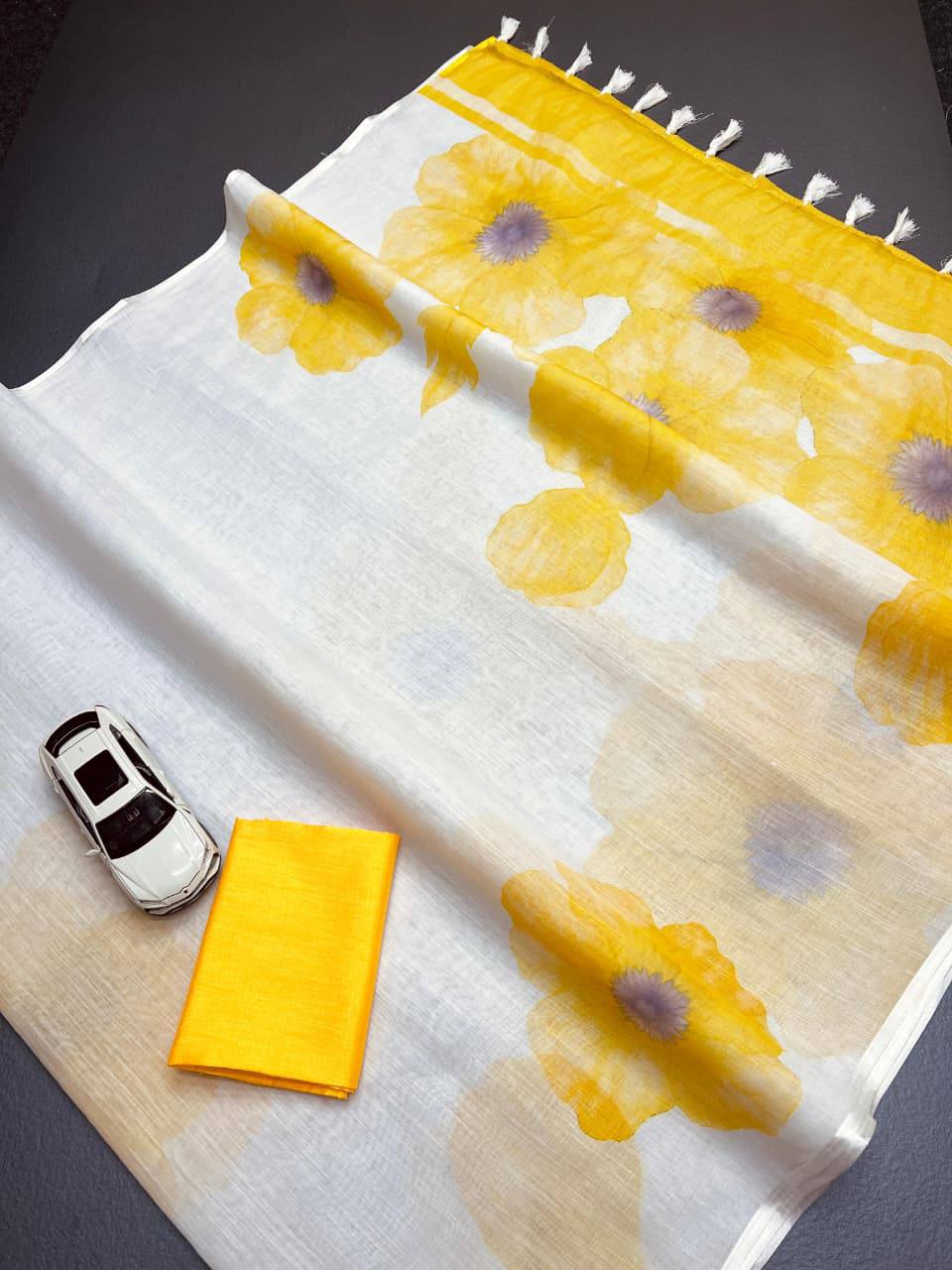 Pure Linen Digital Print Saree with Banglory Satin Blouse & Elegant Latkan Detailing