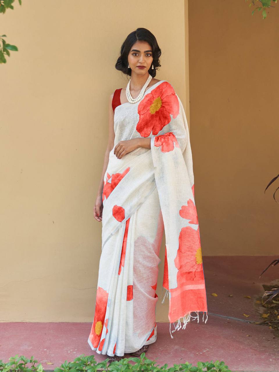 Pure Linen Digital Print Saree with Banglory Satin Blouse & Elegant Latkan Detailing