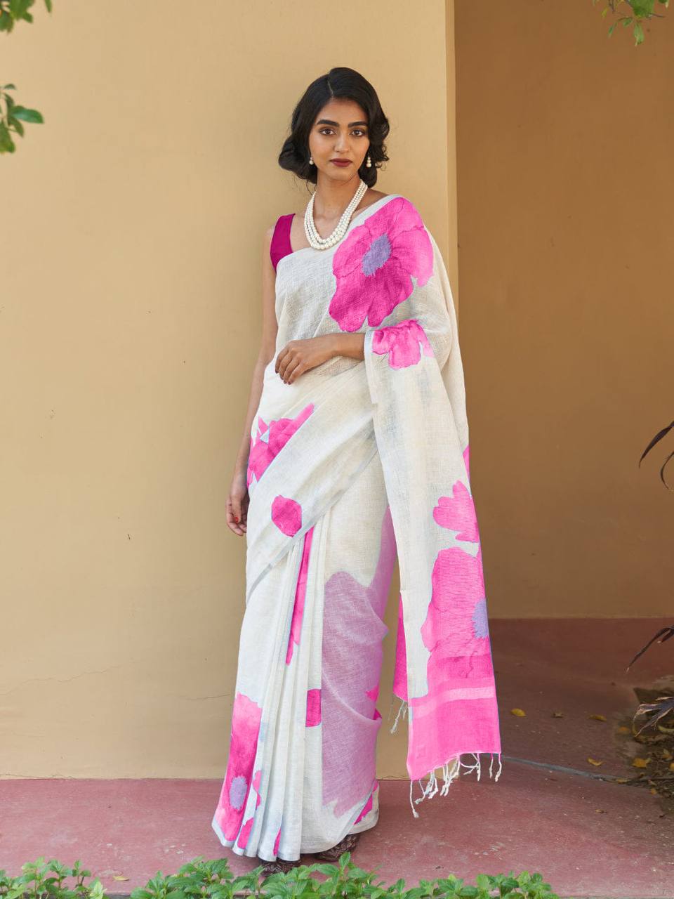 Pure Linen Digital Print Saree with Banglory Satin Blouse & Elegant Latkan Detailing