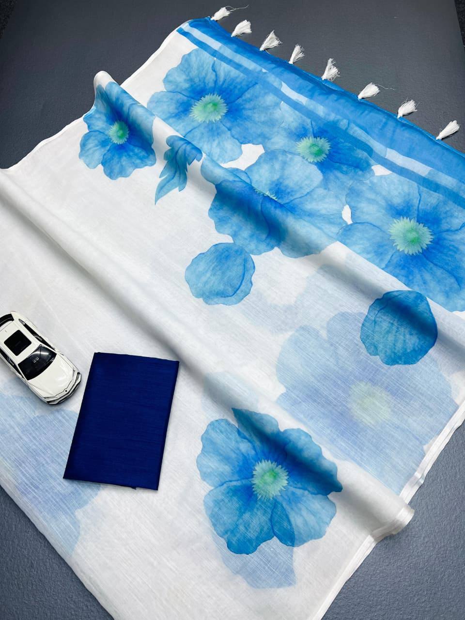 Pure Linen Digital Print Saree with Banglory Satin Blouse & Elegant Latkan Detailing