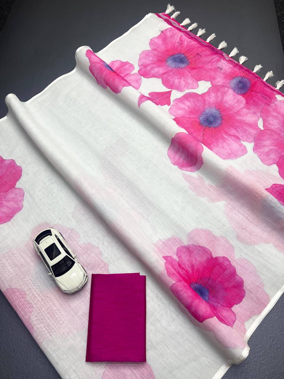 Pure Linen Digital Print Saree with Banglory Satin Blouse & Elegant Latkan Detailing