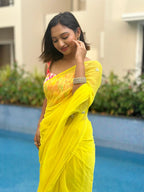 Elegant Handcrafted Leaf-Cut Georgette Saree with Silver Embellished Border