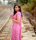 Elegant Handcrafted Leaf-Cut Georgette Saree with Silver Embellished Border