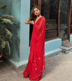 Elegant Handcrafted Leaf-Cut Georgette Saree with Silver Embellished Border