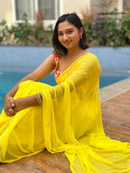 Elegant Handcrafted Leaf-Cut Georgette Saree with Silver Embellished Border