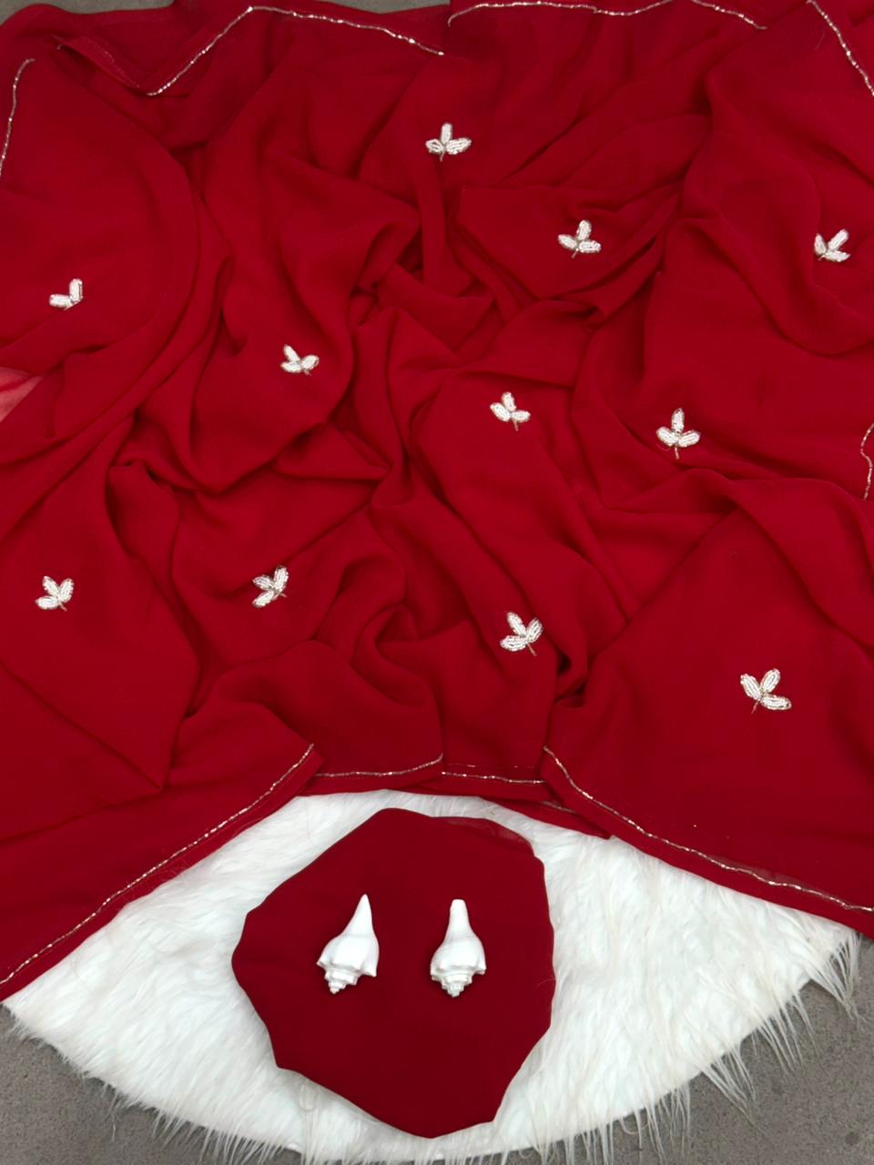 Elegant Handcrafted Leaf-Cut Georgette Saree with Silver Embellished Border