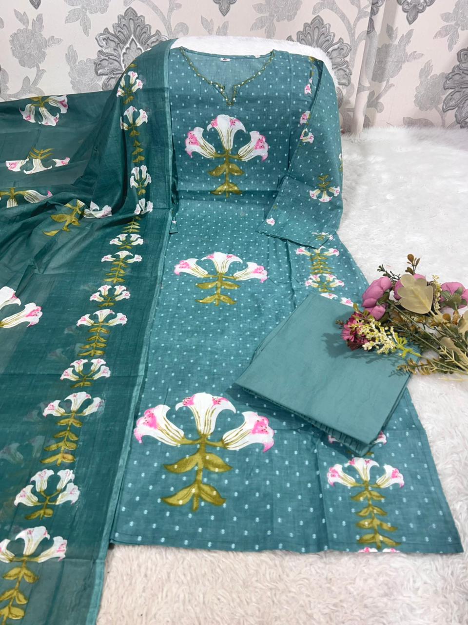 Premium Floral Printed Cotton Suit Set With Embroidered Neckline