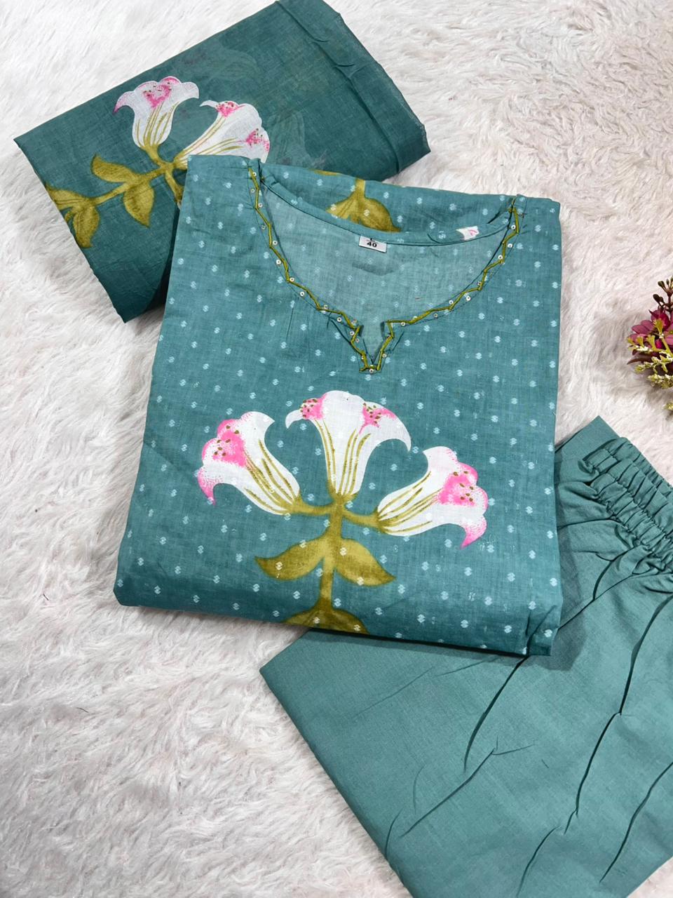 Premium Floral Printed Cotton Suit Set With Embroidered Neckline