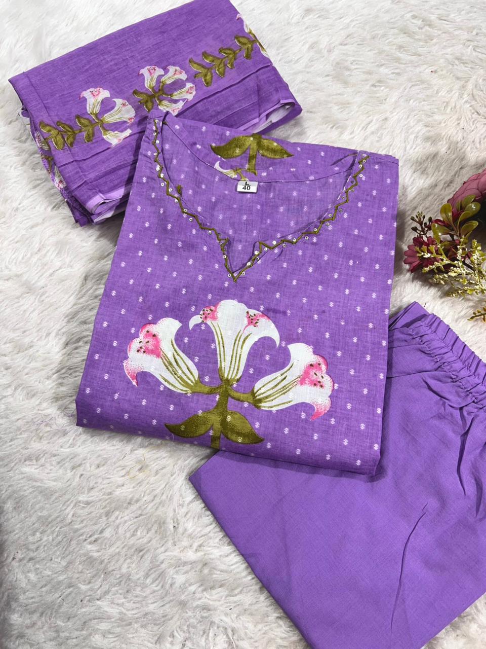 Premium Floral Printed Cotton Suit Set With Embroidered Neckline