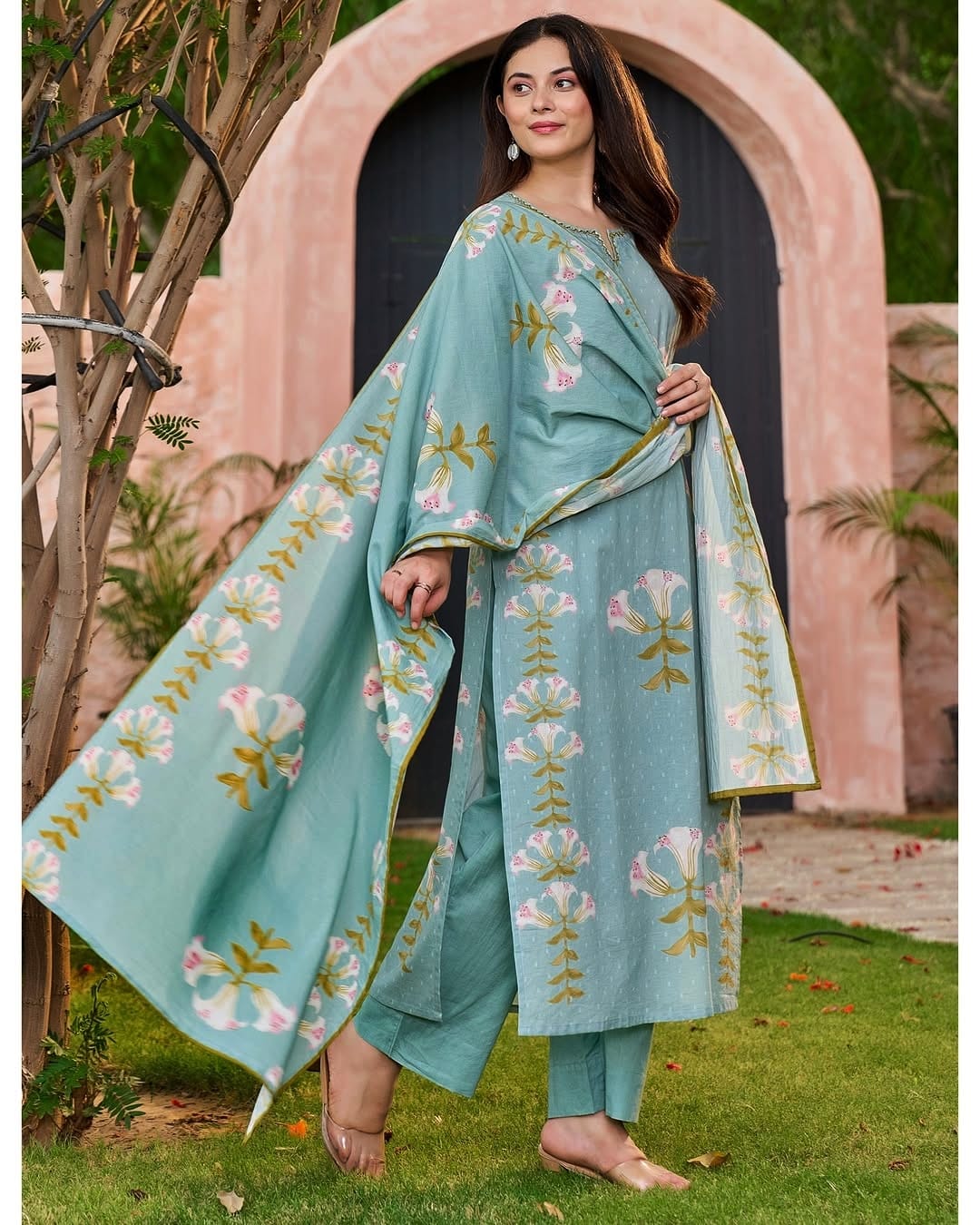 Premium Floral Printed Cotton Suit Set With Embroidered Neckline