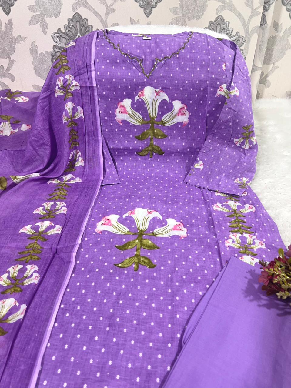 Premium Floral Printed Cotton Suit Set With Embroidered Neckline